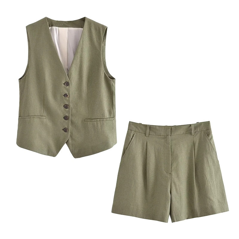 jinran Cotton Linen Brown Spring Summer Pockets Shorts Vest Set Sleevless Button Up V Neck Wide Leg Outfits 2 Pcs Suit Femme