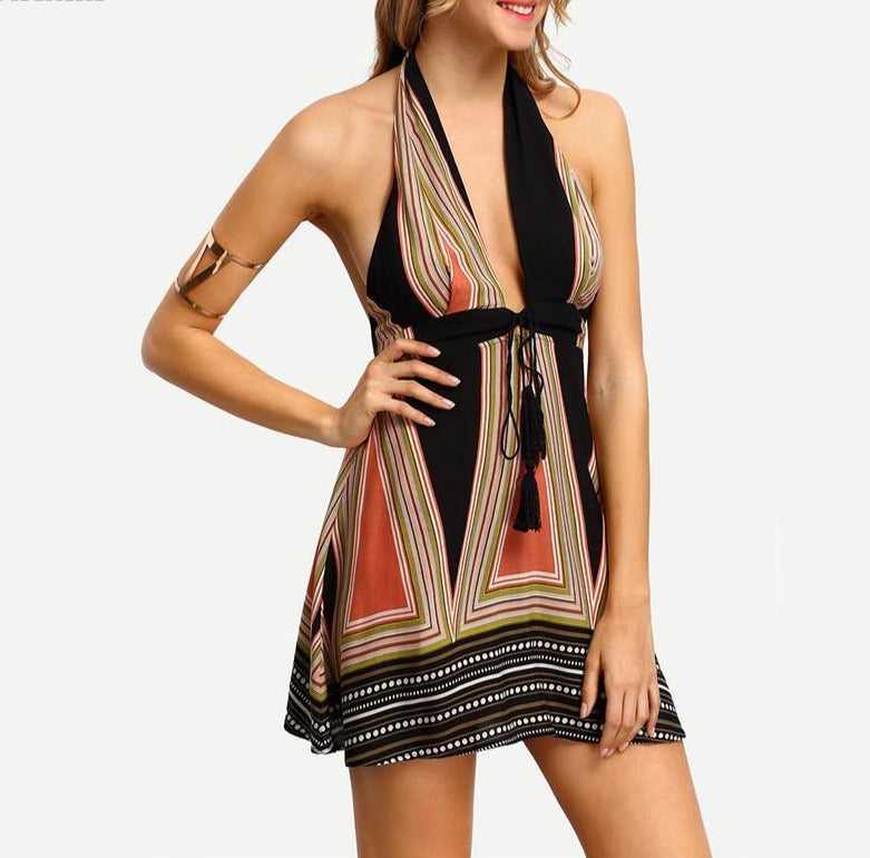 jinran summer new women's fashion casual ladies hanging neck V-neck a waist skirt