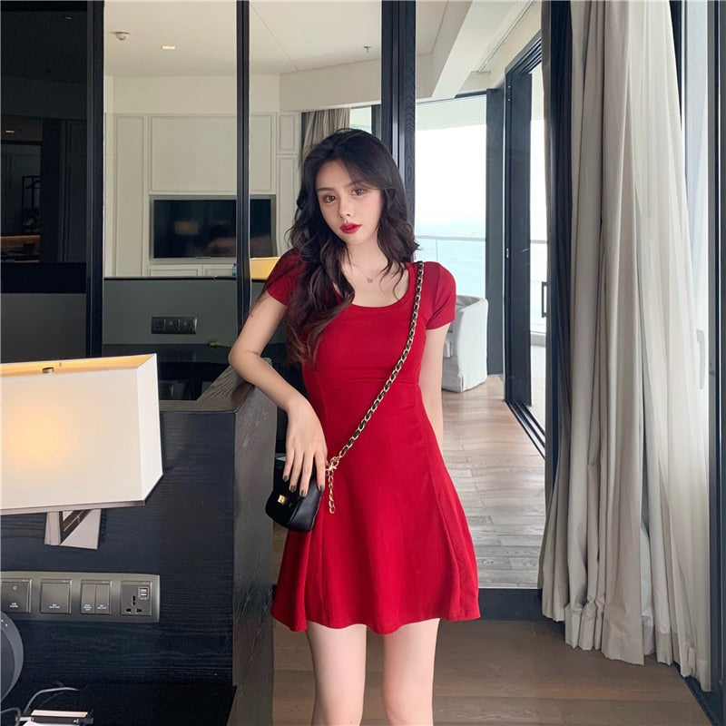 jinran Women Summer Dress O Neck Short Sleeve Solid Korean Thin Slim A Line Dress Slim Retro Red Black Pink Short Mini Dress Vestidos