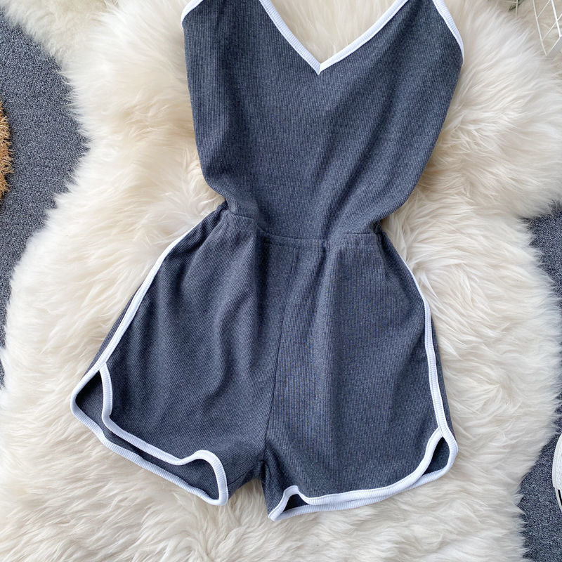 jinran V Neck Jumpsuit Women Solid Summer Bodysuits New Stripe High Waist Loose Casual Sports Style Simple Fashion Romper