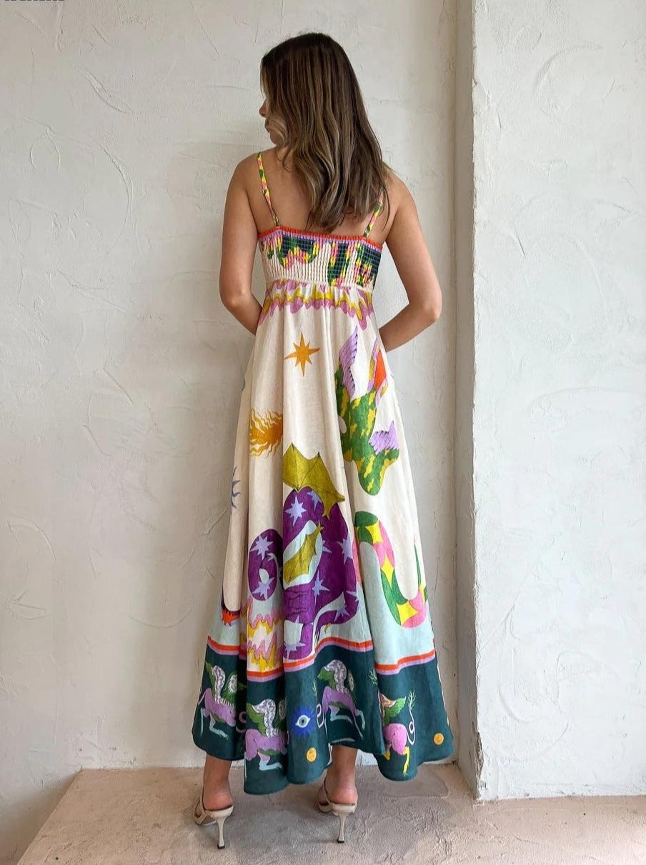 jinran summer new women's fashion casual ribbon color printed sleeveless dress