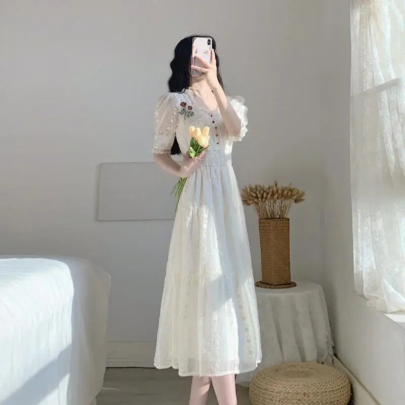 jinran Vintage Lace Fairy Midi Dress Women 2024 Summer French Floral Elegant Party Princess Dress Ladies Party One-piece Dress Korean