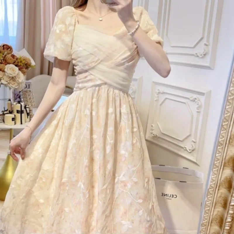 jinran Summer Puff Sleeve Women Dress For Party French Eleganrt Floral Print Vestidos Lady Dresses Sweet Birthday Female Robe A-line