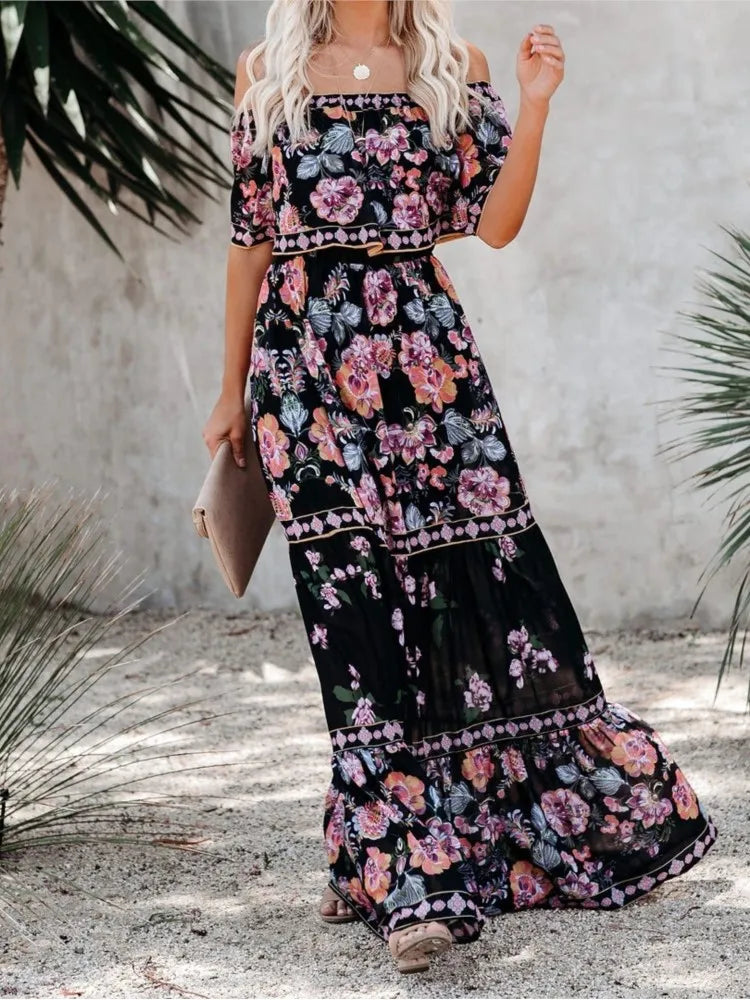jinran Summer Women Print Boho Dress Fashion Sexy Slash Neck Maxi Dresses For Femme Casual Elegant Party Vestidos Robe 2024 New Female