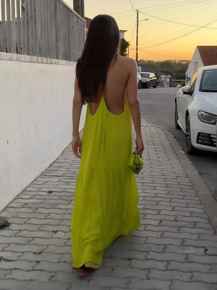jinran Elegant Green Backless Halter Long Dress For Women Sleeveless Off Shoulder Loose Beach Dresses 2024 New Vocation Party Vestidos