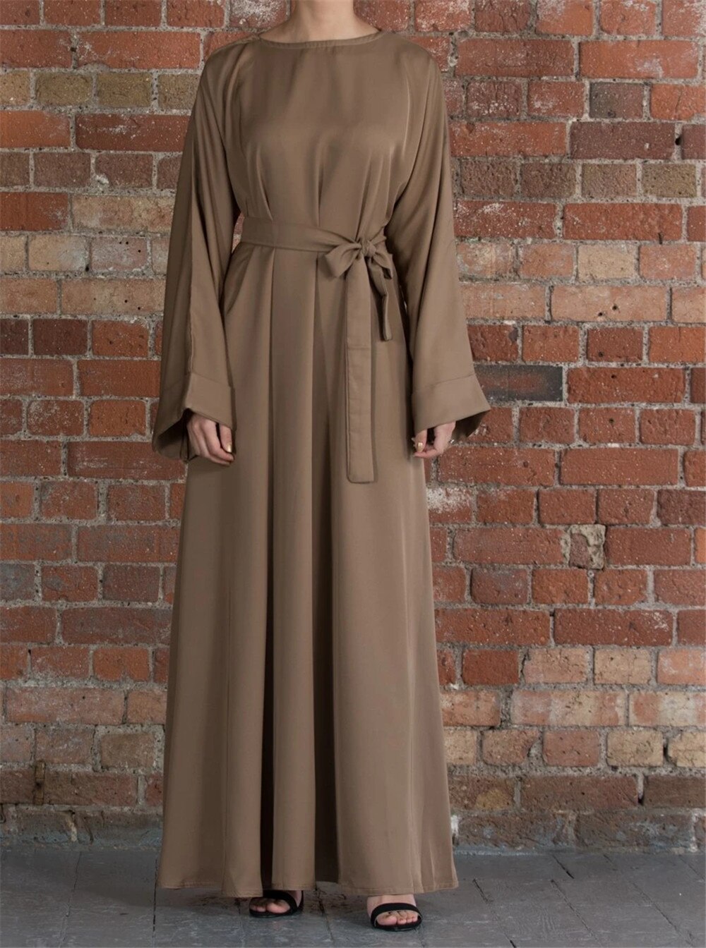 jinran Summer Elegant Solid Color Colorful Temperament Long Skirt Ladies Open Shouder Robe Satin Large Size Belt Muslim Woman Abaya