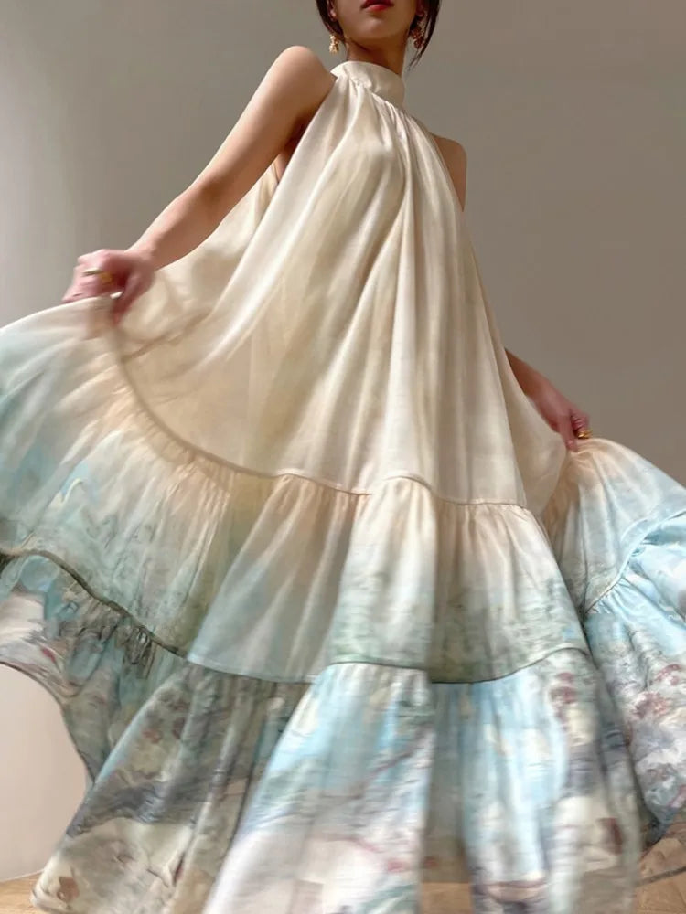 jinran New Chinese Style Print Long Dresses for Women Summer Sleeveless Halter Loose A-line Evening Party Dress Prom Robe Vestidos