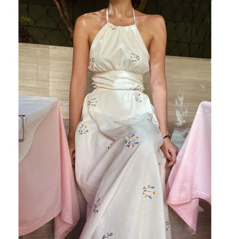 Korean style Women Summer Sleeveless Cotton Hemp Halter Neck Dress Daisy Embroidery Backless Lace Up Midi Holiday Dress