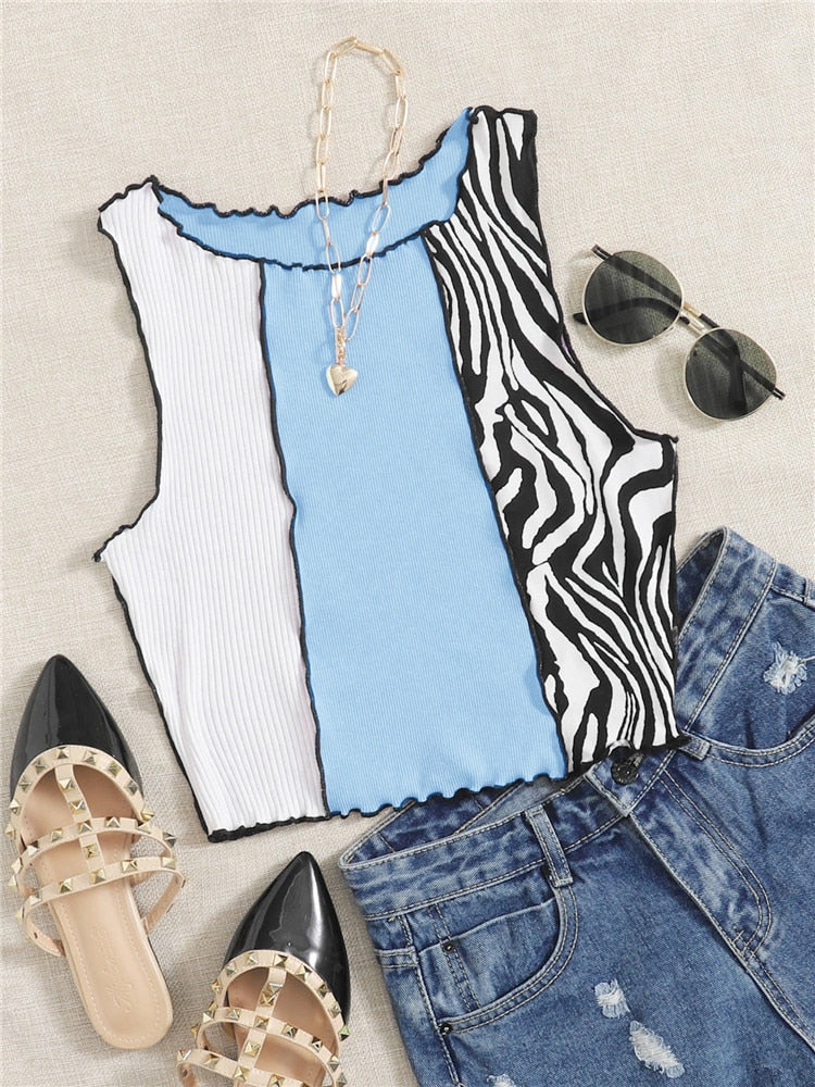 jinran Zebra Stripe Graphic Patchwork Rib Knit Ruched Crop Vest Women Y2K Clothes Summer Harajuku Sleeveless Tank Tops Streetwear
