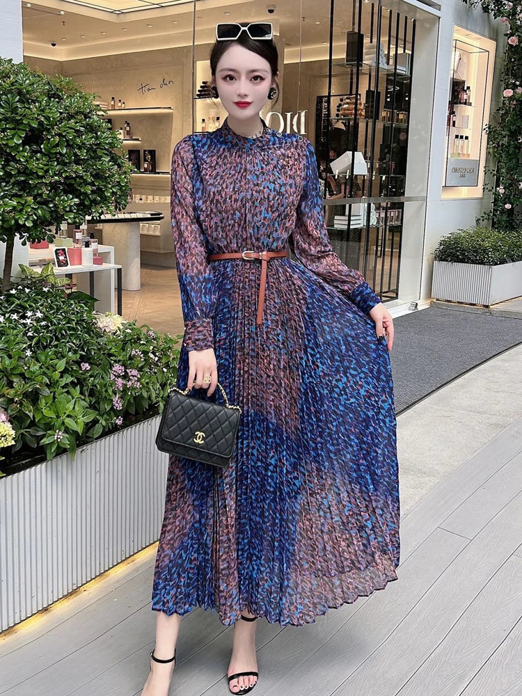jinran Runway Leopard Print Long Pleated Dress Women 2024 Spring Elegant Designer Long Sleeve Vintage Bohemian Holiday Vestidos