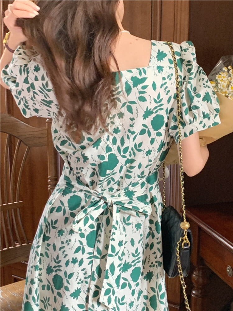 jinran Short Sleeve Dresses Women Elegant Girlish Green Summer Korean Fashion Bandage Prairie Chic Vestido Feminino Cozy Teens Kawaii