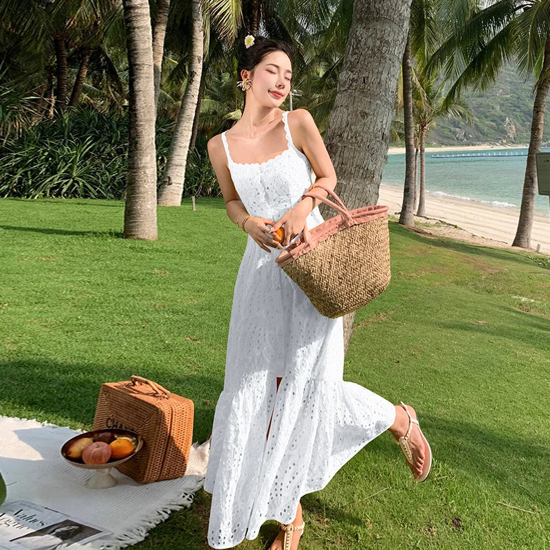 jinran Fashion Women Summer Embroidery Cotton Midi Long Dress Beach Straps Sundress Hollow Out Sexy Backless Prom Evening Robe