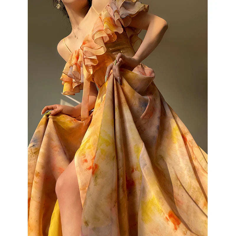 jinran Vintage Print Midi Dresses for Women 2023 New Summer French Elegant Spaghetti Strap Ruffle Female Clothes Casual Holiday Dress