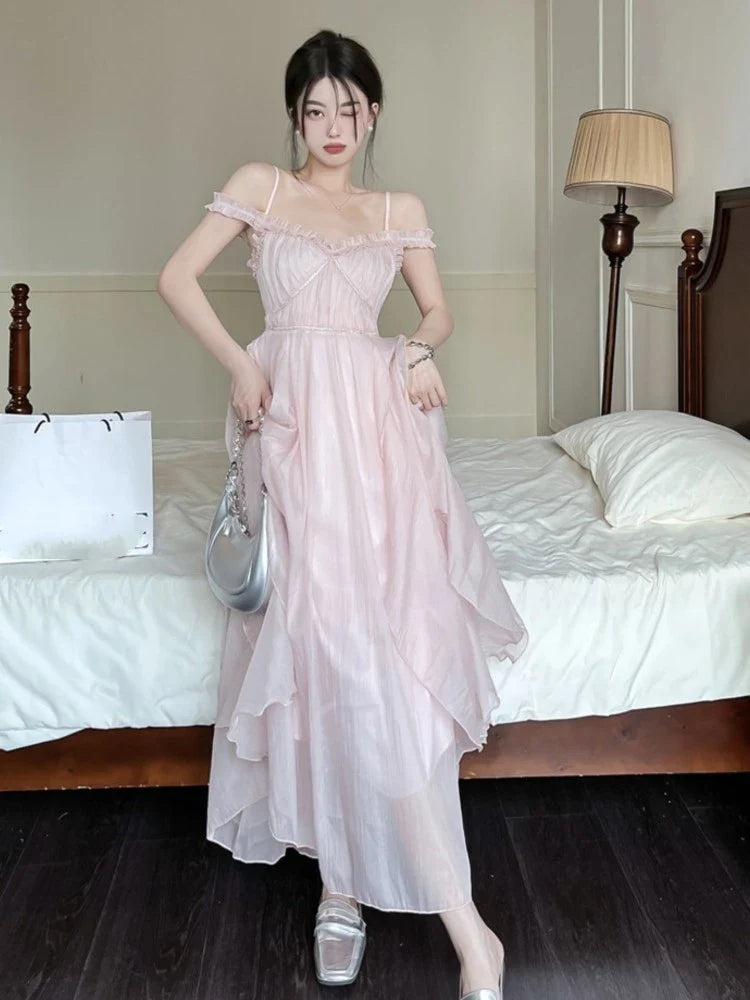 jinran Summer Women Sweet Pink Fairy Chiffon Midi Dress Korean Elegant One-piece A-Line Vestidos Female Clothing Mujers