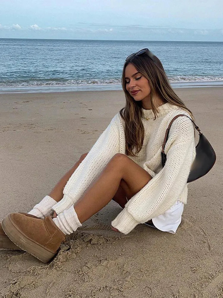 nvxiot - Autumn Solid Wool Blends Round Neck Knitted Pullover Women Casual Lattern Long Sleeve Loose Warm Sweater New Streetwear lady