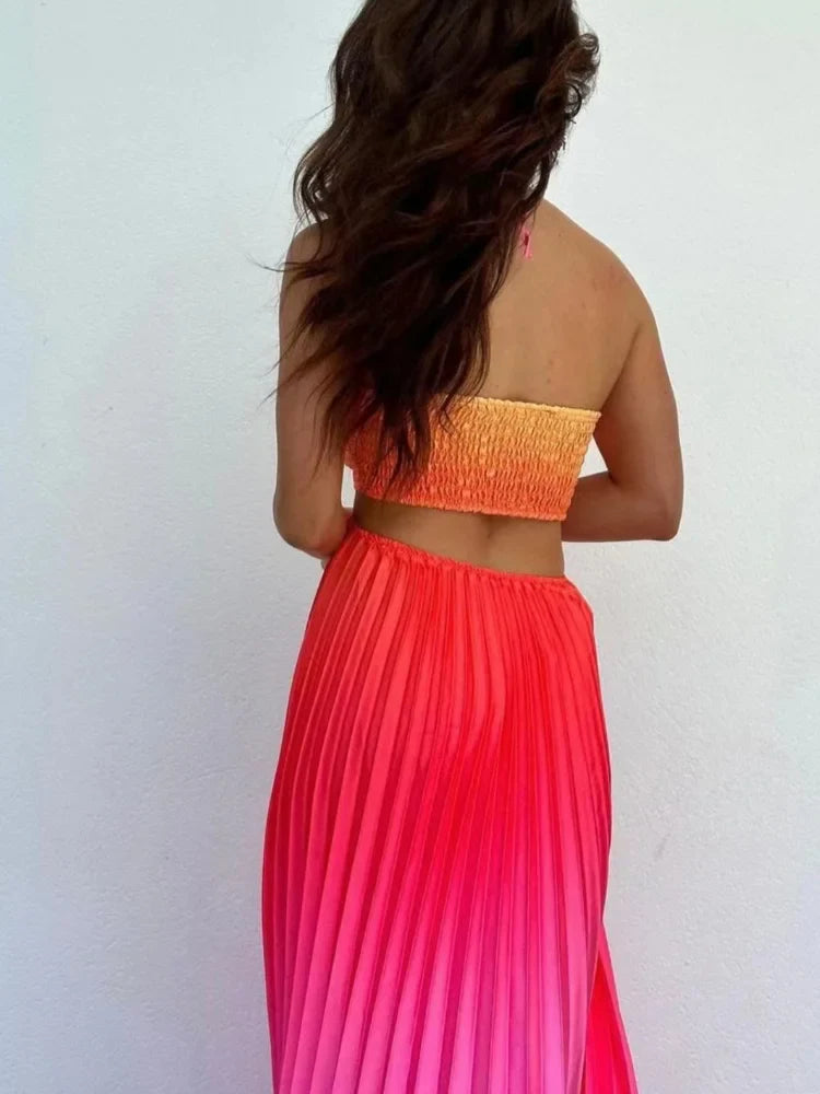jinran New Summer Gradient Halter Pleated Long Dress Sexy Off Shoulder Backless Wrap Chest Sundress Women's Beach Vacation Dress