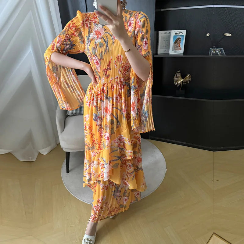 jinran 2024 Summer New Women's Printed Irregular Hem Splicing Dress Bohemian Style Fashion Holiday Leisure Pleated Dress