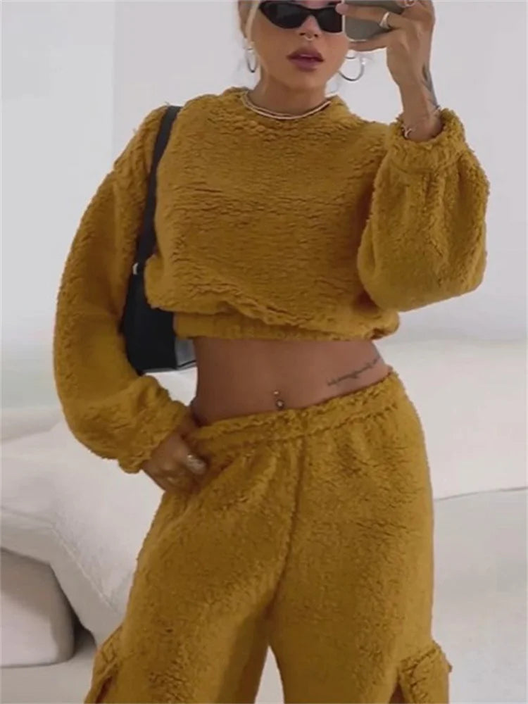 nvxiot - Autumn Loose Fashion 2 Piece-Set Trousers For Women Cropped Pullover Top And High Waist Patchwork Women's Pants Sets 2024