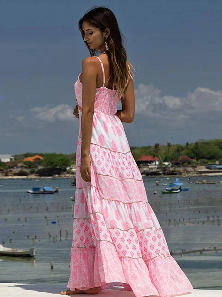 jinran Print Ruffles Oversized Hem Women Dress Fashion Loose Long Backless Sling Vestidos Spring Summer Casual Beach Female Robe