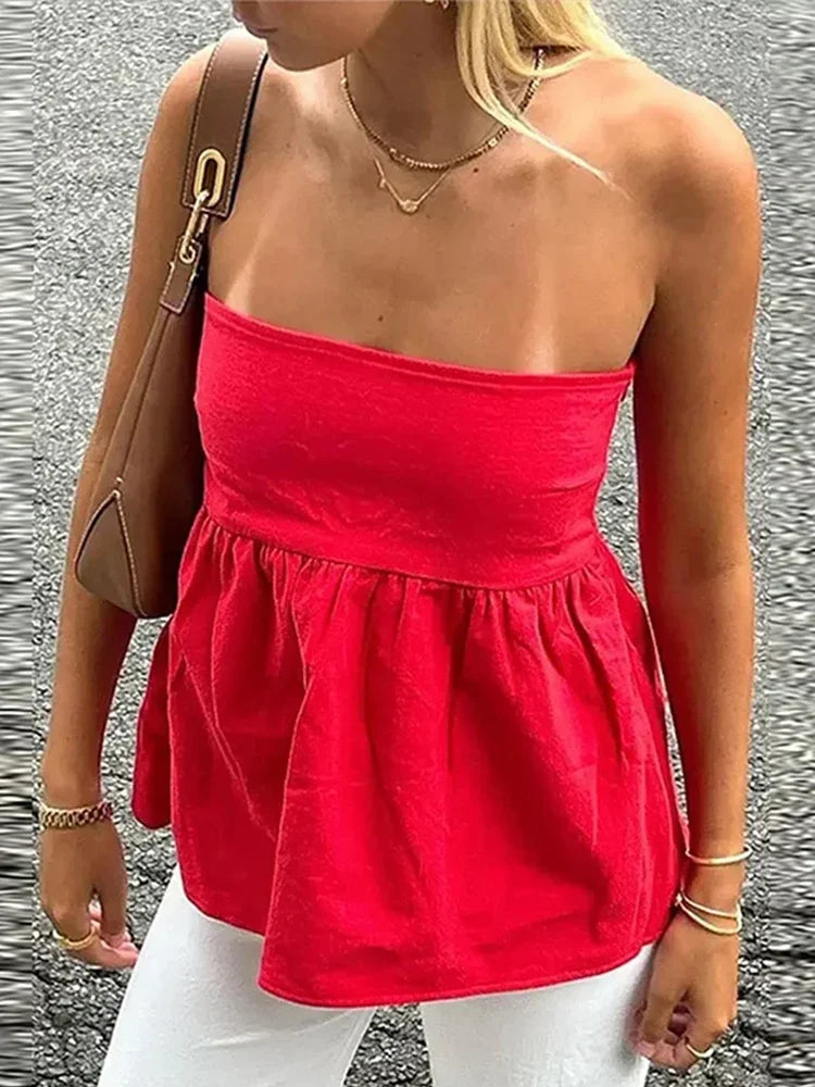 jinran Y2K Strapless Women Tube Shirts Backless A Line Solid Lady Ruffles Top 2024 Summer Fashion All Match Beach Female Streetwear