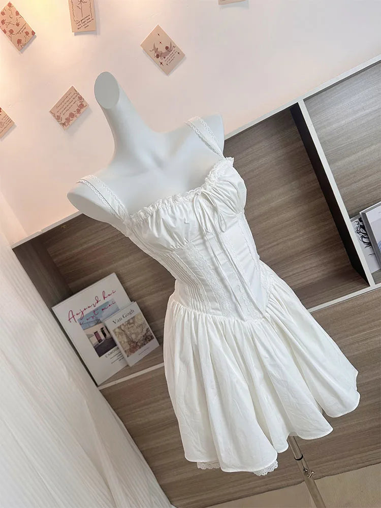 jinran Summer Mori Girl Women Bow A-Line Dress Spaghetti Strap Solid Color Frocks Dress Square Neck Party Tunic Korean Preppy Evening