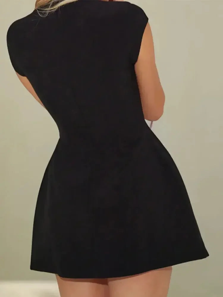 jinran 2024 Women Elegant Slim Solid Pockets Mini Dress Fashion O-neck Short Sleeve A-line Dresses Office New Lady Chic Commuting Robes