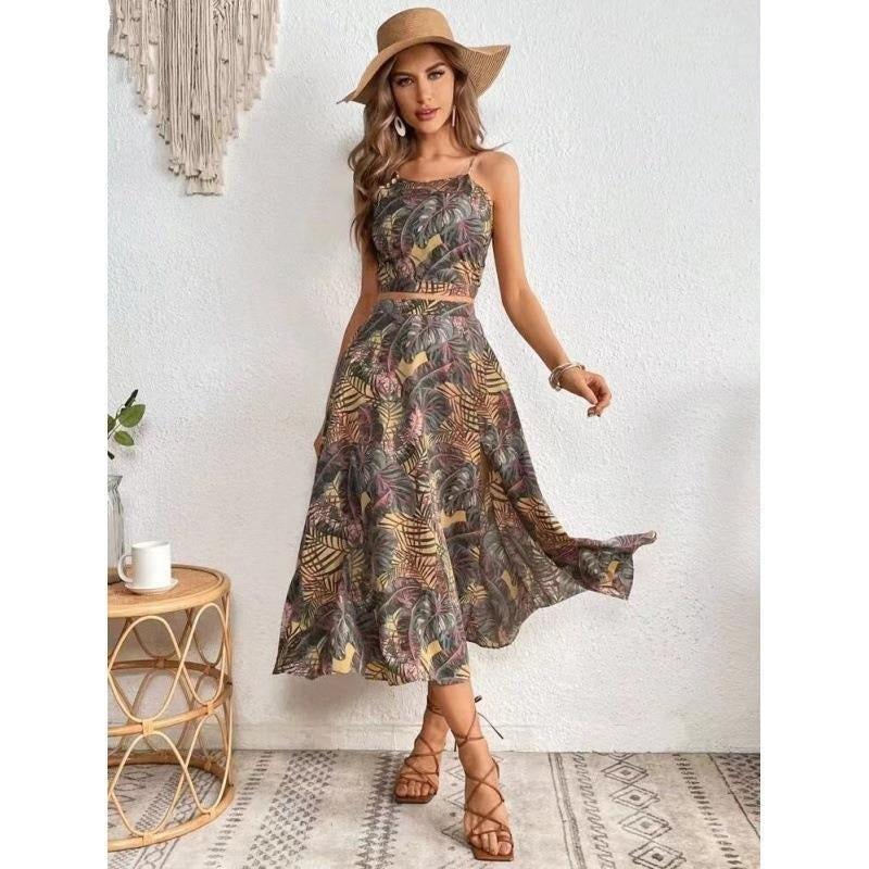 jinran Summer new women's fashion casual halter sleeveless vest print waist dress