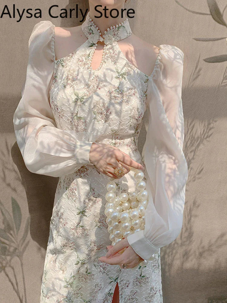 jinran Vintage Elegant Cheongsam Dress Women Floral Embroidery Design Party Fairy Dress Female 2024 Spring Court Retro Long Split Dress