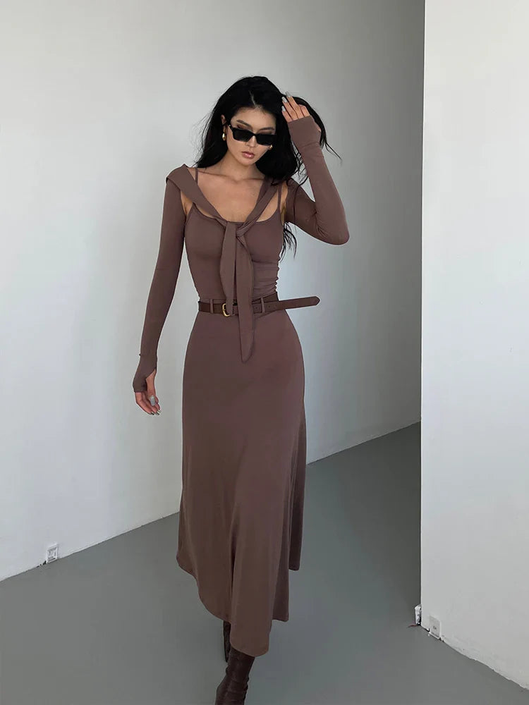 jinran Hooded Camisole Knitted Dress Elegant For Women Autumn New High Waisted Slim Belt Fashion Robe Korean Women Top 0PPB