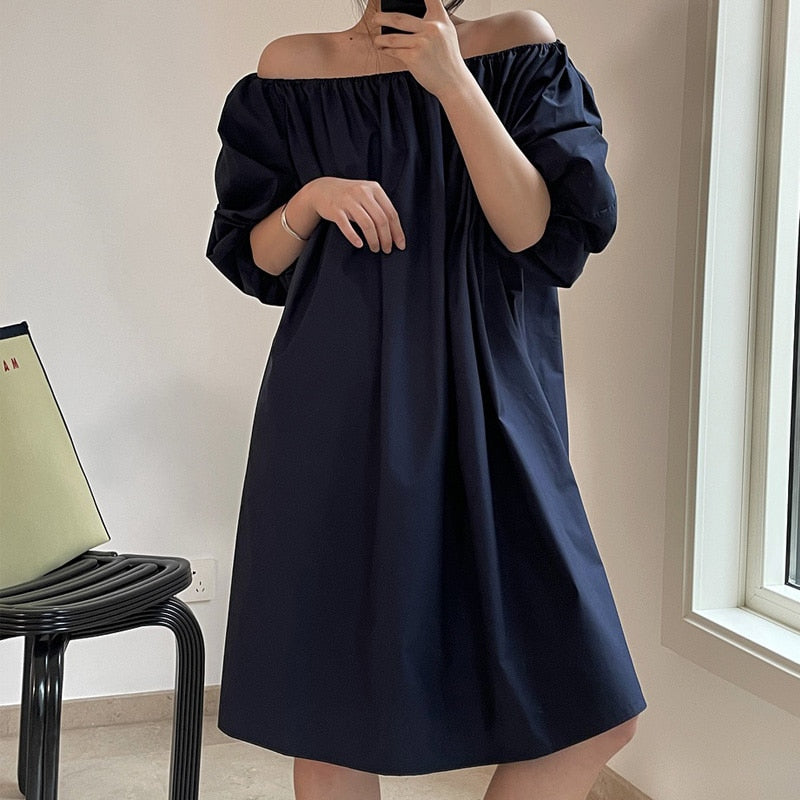 jinran Summer women's casual solid color puff sleeve loose dress