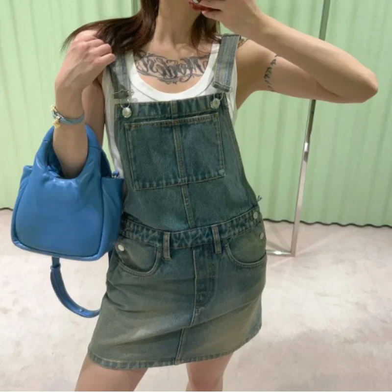 jinran 2024 Actual Pictures Fashion Brand Women's Denim Skirt Metal Triangle Label Camisole Vest One-piece Dresses Back Dresses