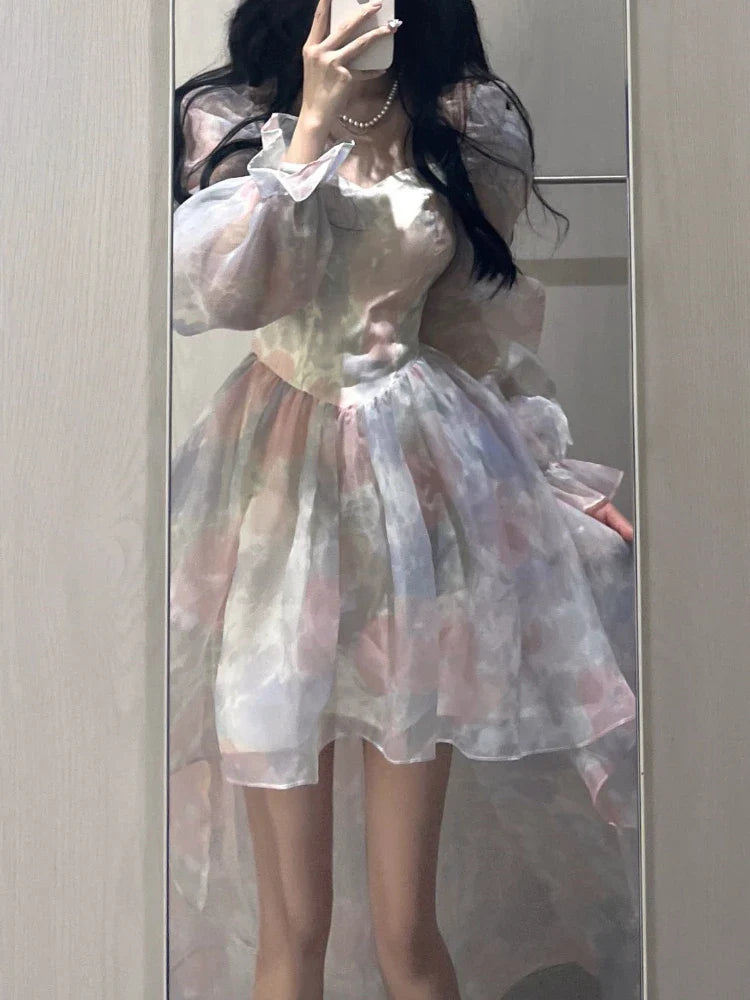 jinran Sweet Elegant Floral Midi Dress Women Casual Korean Puff Sleeve Fairy Dress Female Beach Vintage Party Dresses 2024 Summer Chic