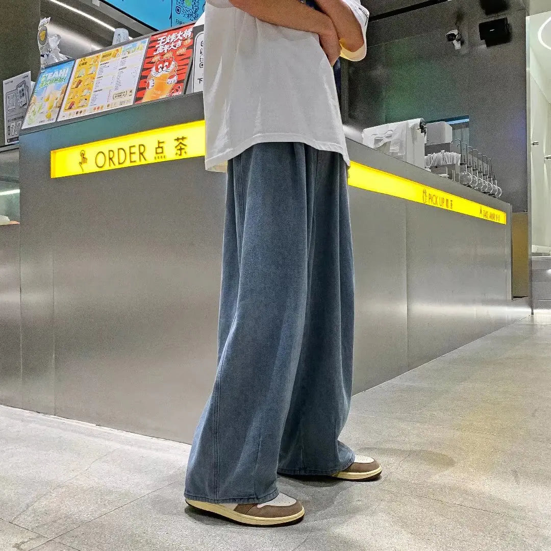 Men's Pure Color Cargo Jeans Simple All-match Wide Leg Pants Trousers Men Hip Hop Streetwear Oversized 90s Vintage Fashion Denim
