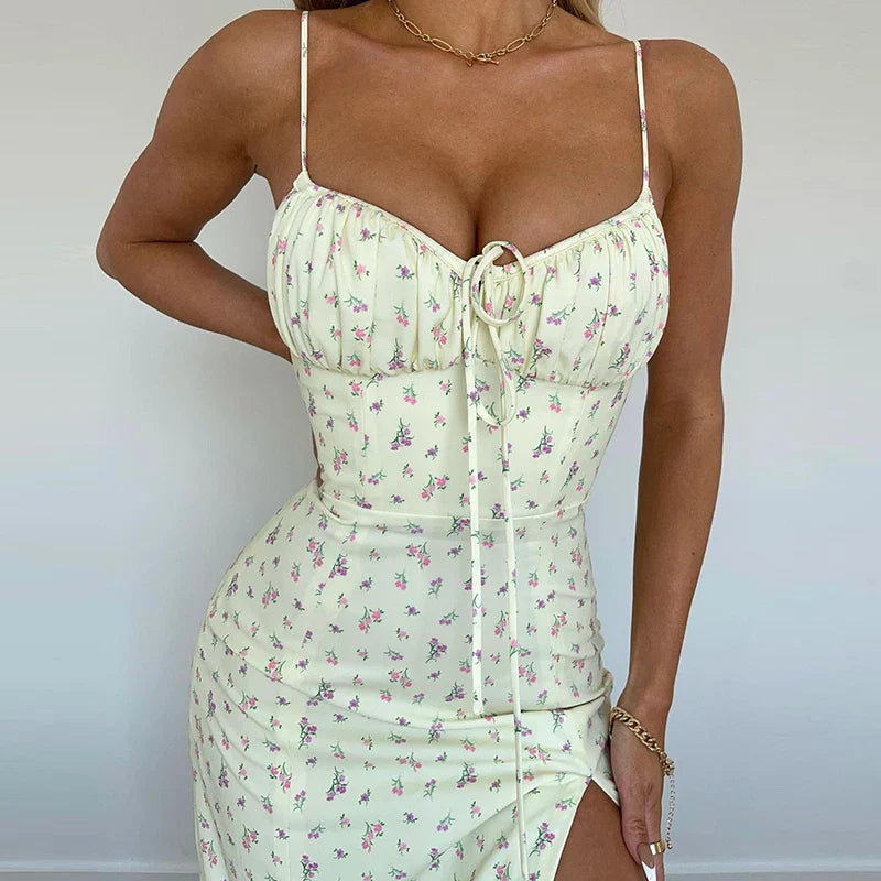 jinran 2024 Sleeveless Satin Slip Floral Ruched Bandage Cut Out Maxi Dress Summer Women Fashion Sexy Party Club Robe