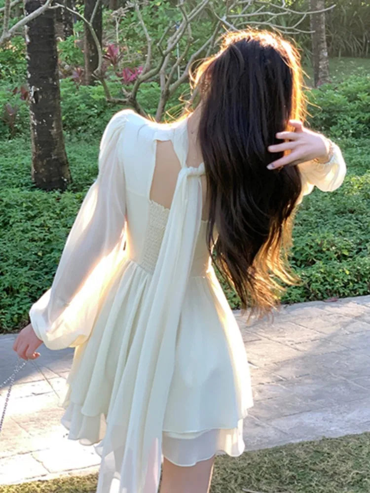 jinran French Elegant Slim Ruffle Dress Summer Women Graduation Evening Party Robe Female Bubble Sleeve Korean Chiffon Vestidos