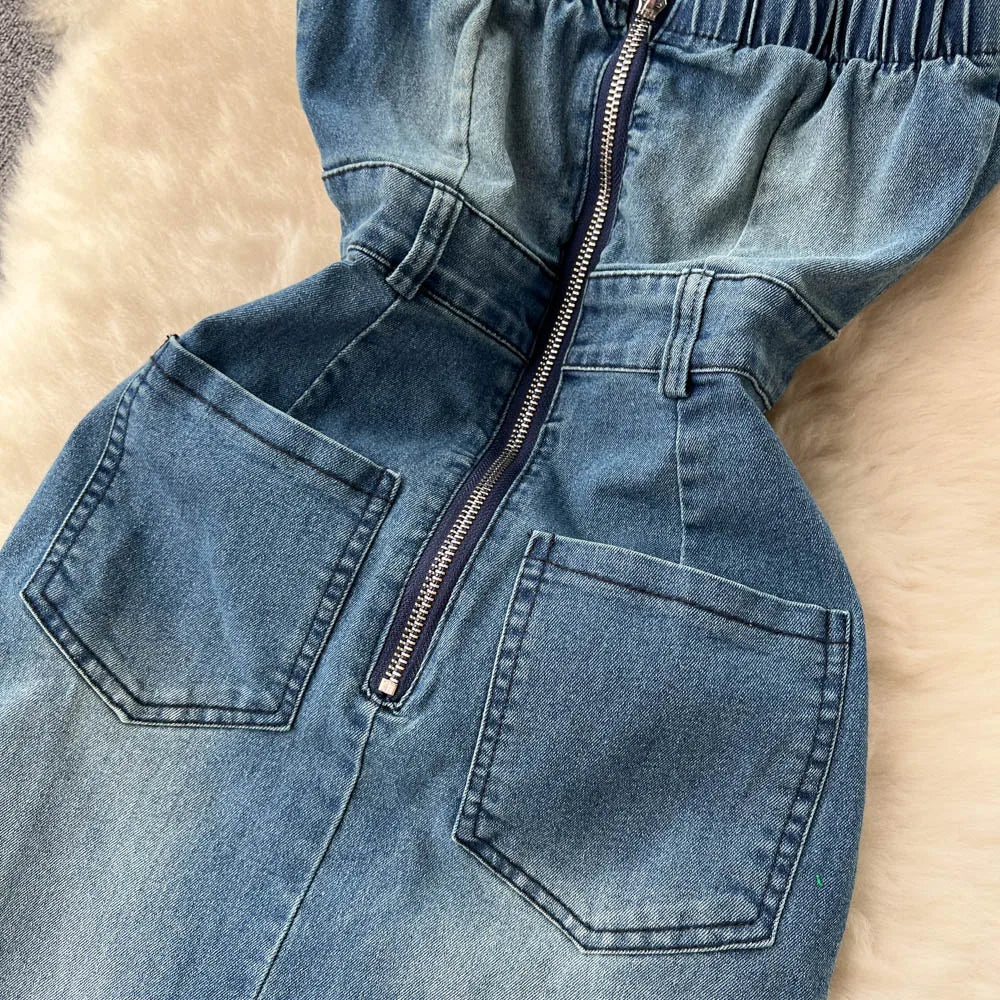 jinran Women Sexy Strapless Hollowed Out Halter Neck Backless Sleeveless High Waist Slimming A-line Denim Zipper Dress