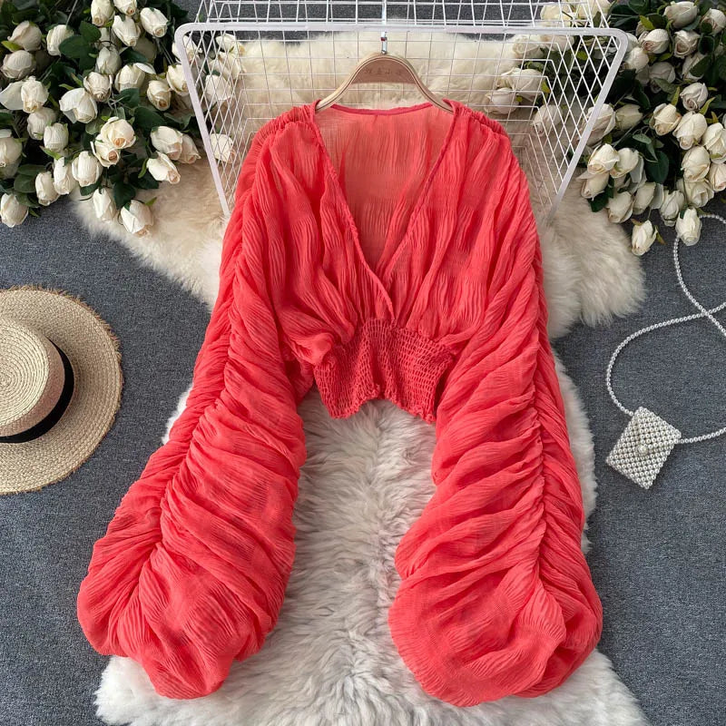 jinran Women Sexy Chiffon Short Blouse Female See Through Super Long Sleeve Blusas Purple/Green/Black/White Folds Party Tops 2024 New