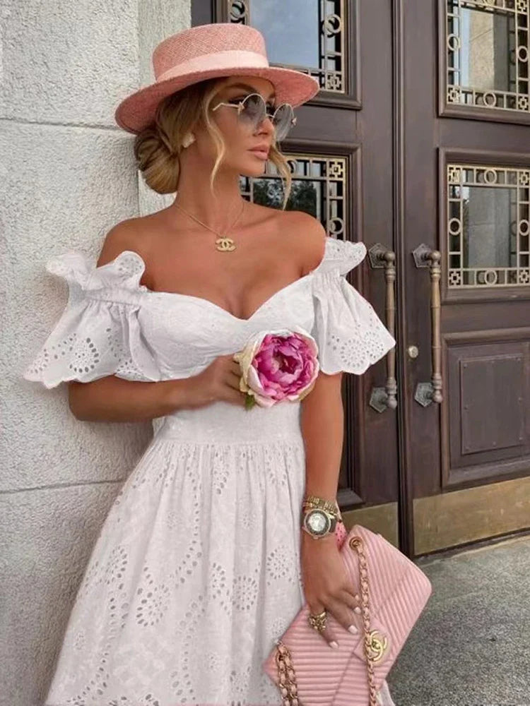 jinran Women Sexy Off Shoulder Lace Long Dress 2022 Solid Ruffle Cutout Boho Casual Holiday Beach Elegant Party Dresses Summer платье