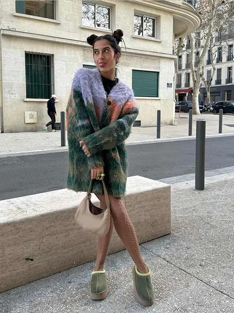 nvxiot - Autumn New Mohair Print Knit Cardigan Coat Oversize Single Breasted Long Sleeve Sweater Tops 2024 Office Lady Commute Streetwear