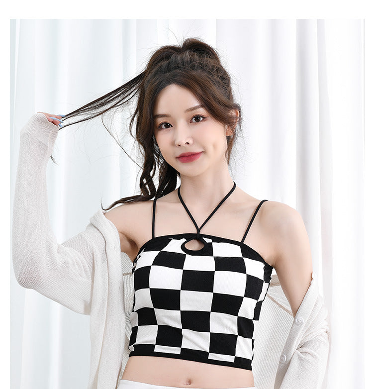 jinran Retro Checkerboard Crop Top Women Y2K Gyaru Sexy Halter Top Summer Fashion Fixed Cup Camisole Smooth Breathable Tank Top