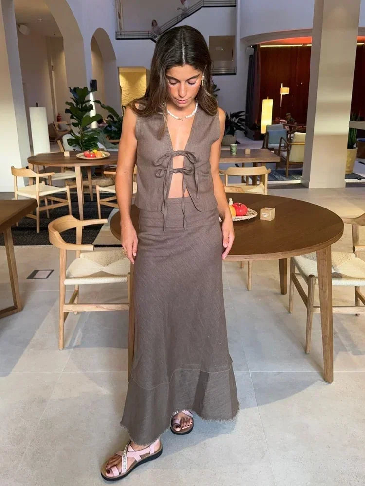 nvxiot - Elegant Bow Lace Up Sleeveless Vest Skirt Set Women Fashion V Neck Hollow Out Shirts High Waist Long Skirts Lady High Streetwear