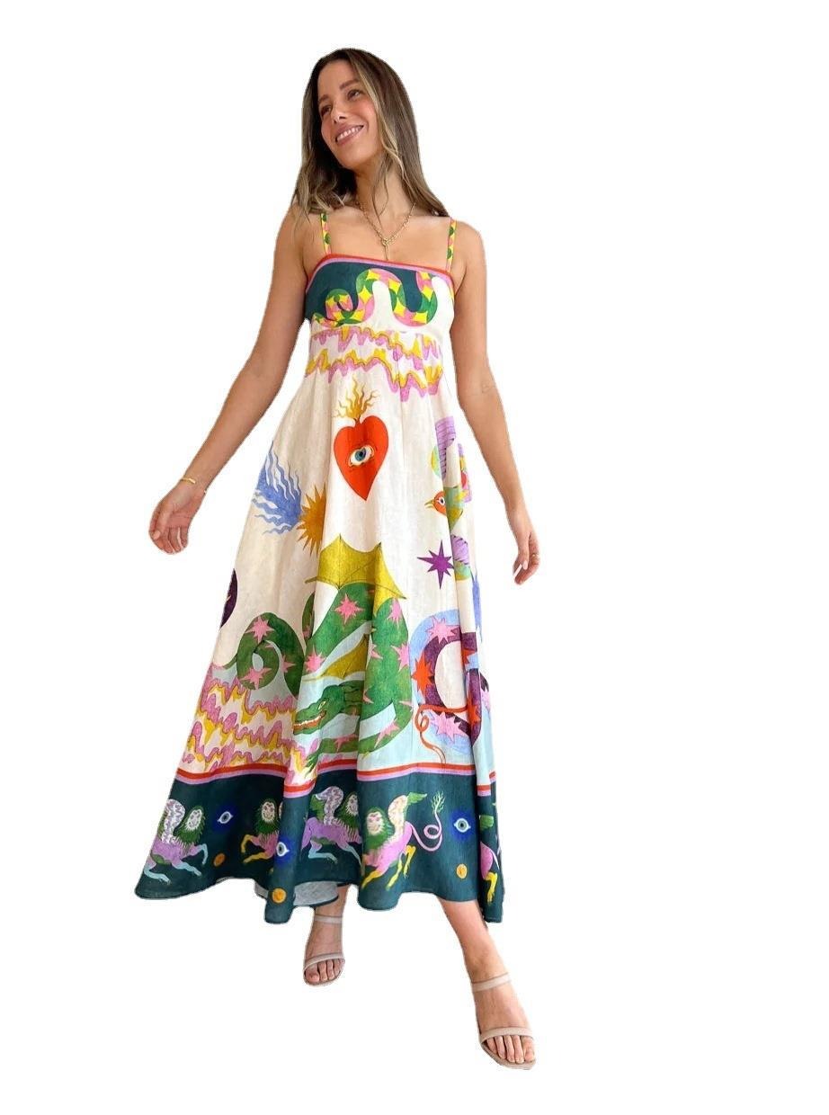 jinran summer new women's fashion casual ribbon color printed sleeveless dress