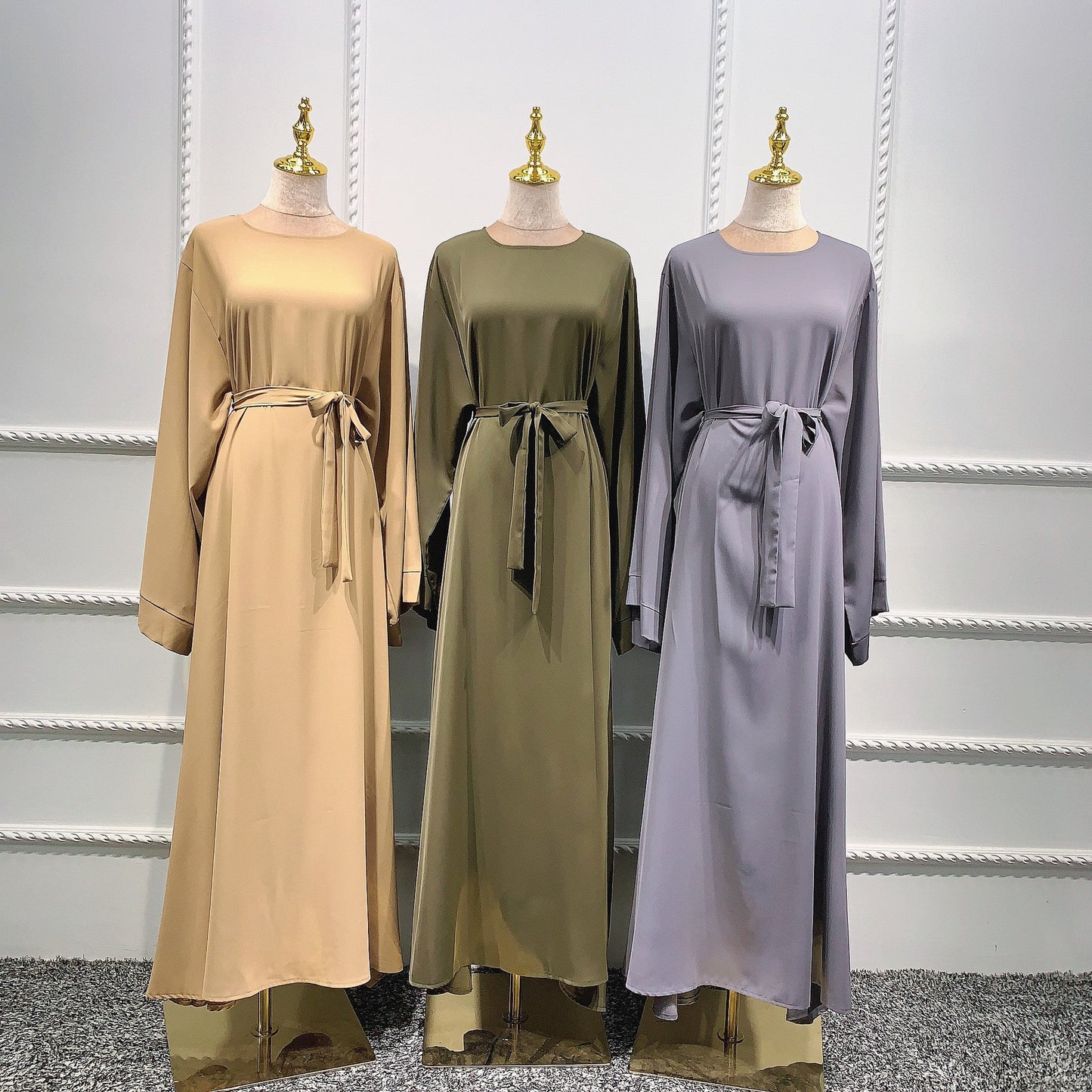 jinran Summer Elegant Solid Color Colorful Temperament Long Skirt Ladies Open Shouder Robe Satin Large Size Belt Muslim Woman Abaya