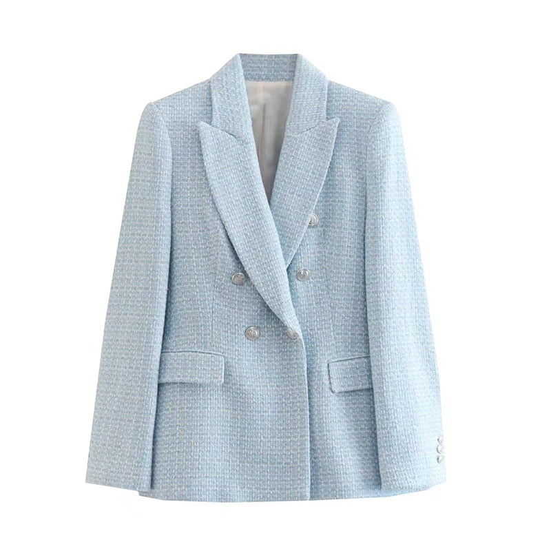 jinran Women Solid Tweed Double Breasted Blazer Coat Long Sleeve Pockets Outerwear Female Spring New Tops CD8395