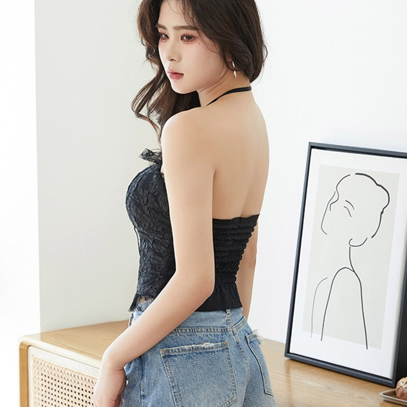 jinran Women Sexy Halter Crop Top Summer Lace up Sleeveless Camis Tops Female Casual Backless Tie Lacing Vest Solid Color Streetwear