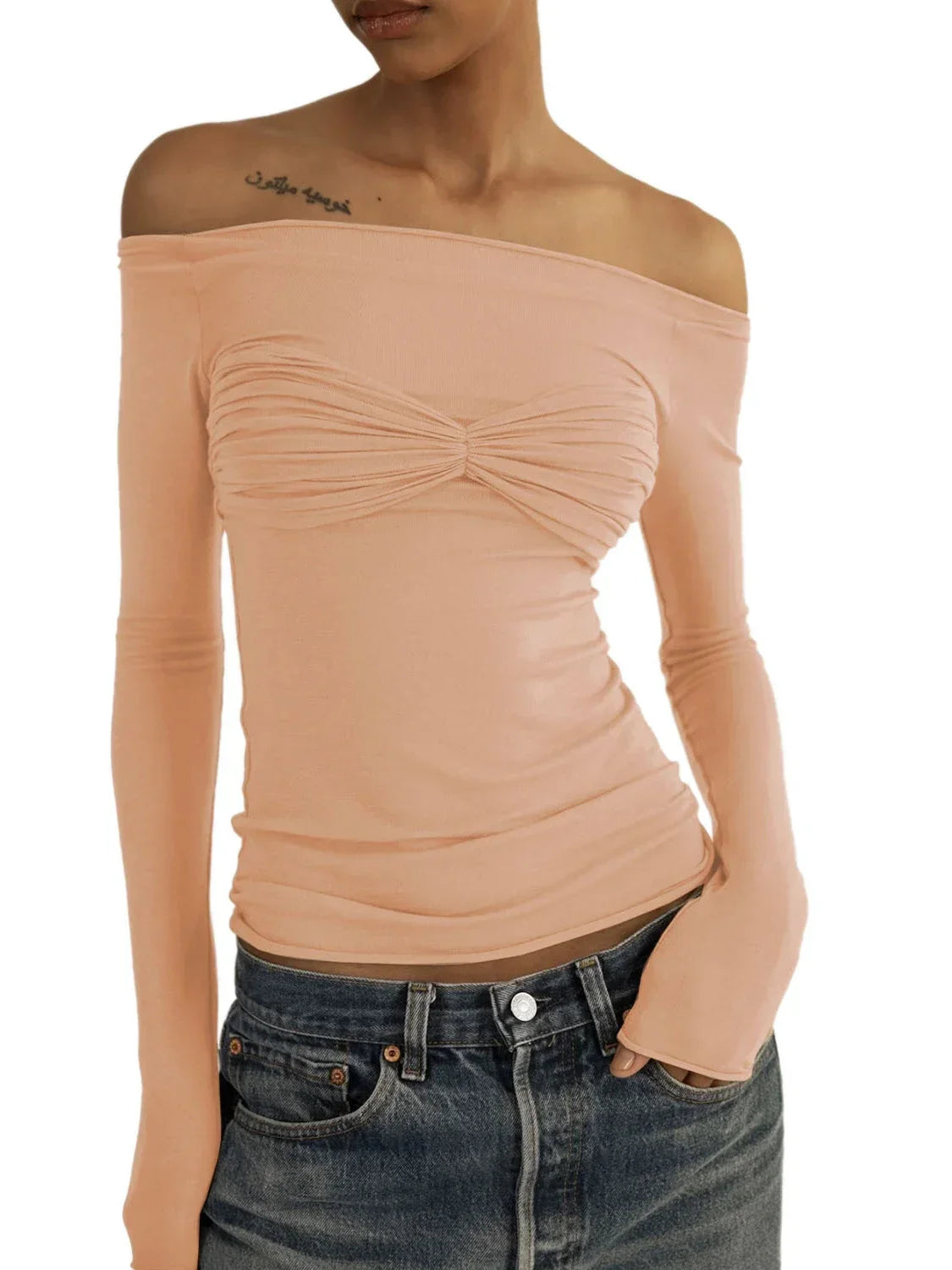 jinran Women Sheer Mesh Crop Top Twist See-Through Mesh Knit Copped Shirt Tops Bustier Off-Shoulder Long Sleeve Summer Hot Tops