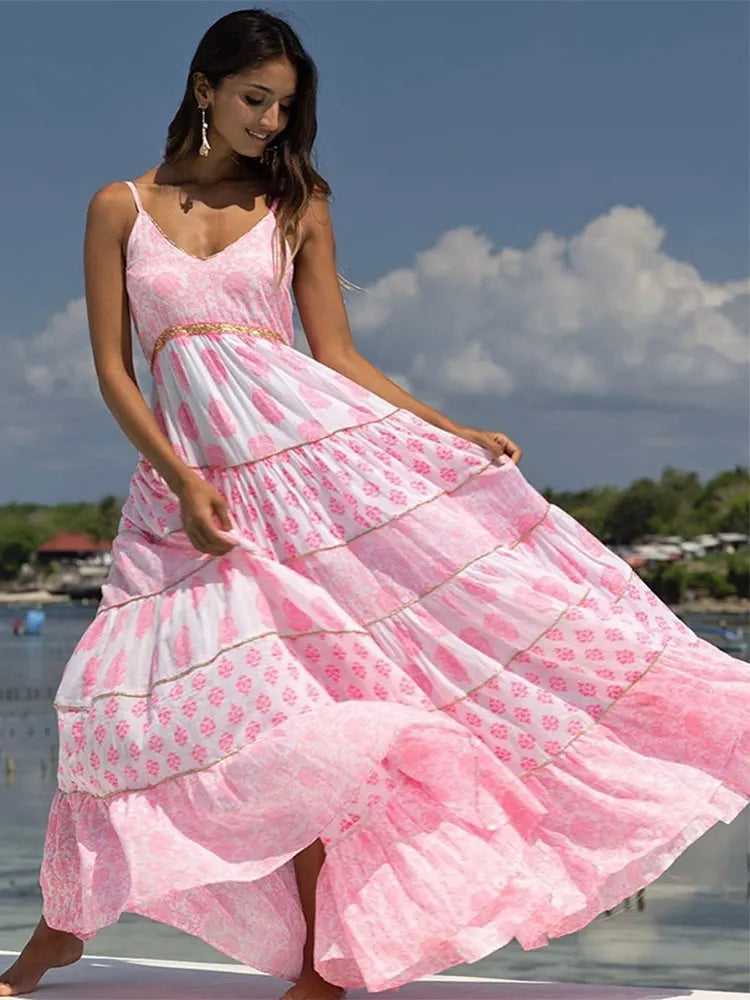 jinran Print Ruffles Oversized Hem Women Dress Fashion Loose Long Backless Sling Vestidos Spring Summer Casual Beach Female Robe