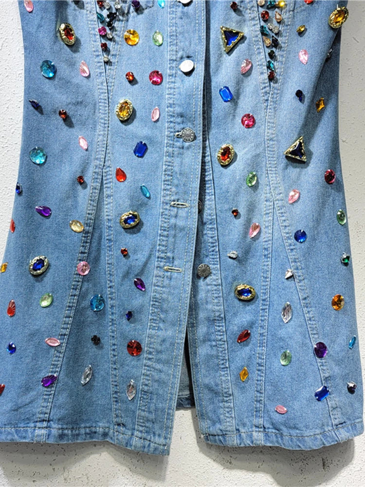 jinran Women Denim Dress Sleeveless Diamonds Gemstone Tassel Slim High Waist Single Breasted Dress 2024 Summer New Fashion 29L2129