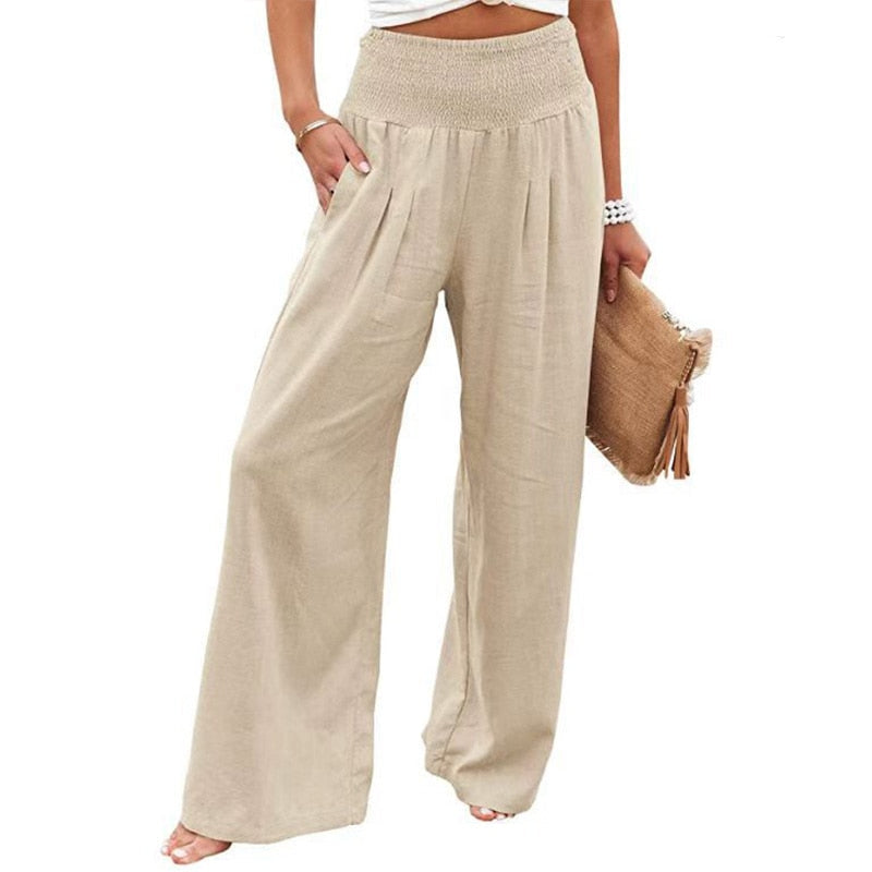 jinran Spring Summer Cotton Linen Women Pants Pockets Solid Casual White Wide Leg Office Lady White Long Trousers Khaki