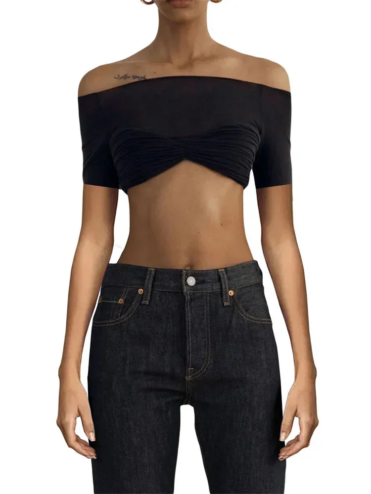 jinran Women Sheer Mesh Crop Top Twist See-Through Mesh Knit Copped Shirt Tops Bustier Off-Shoulder Long Sleeve Summer Hot Tops